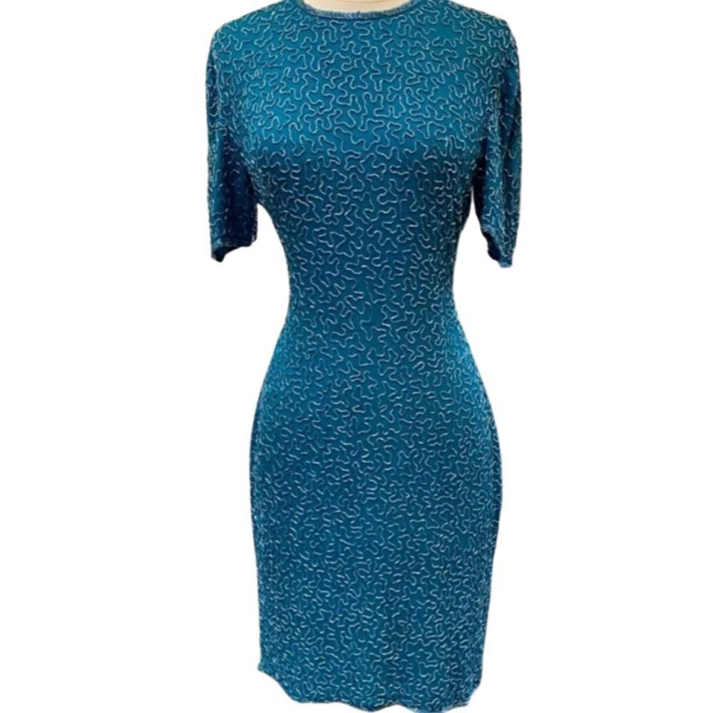 Vintage 100% Silk Peacock Teal Beaded Cocktail Dress